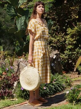 ace&jig Porto Skirt Mustard Yellow White & Metallic Gingham Check Midi Skirt XS